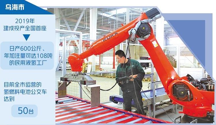 烏海海易通集團建成年產(chǎn)2000臺氫燃料電池發(fā)動機組裝線，工作人員正在調試設備